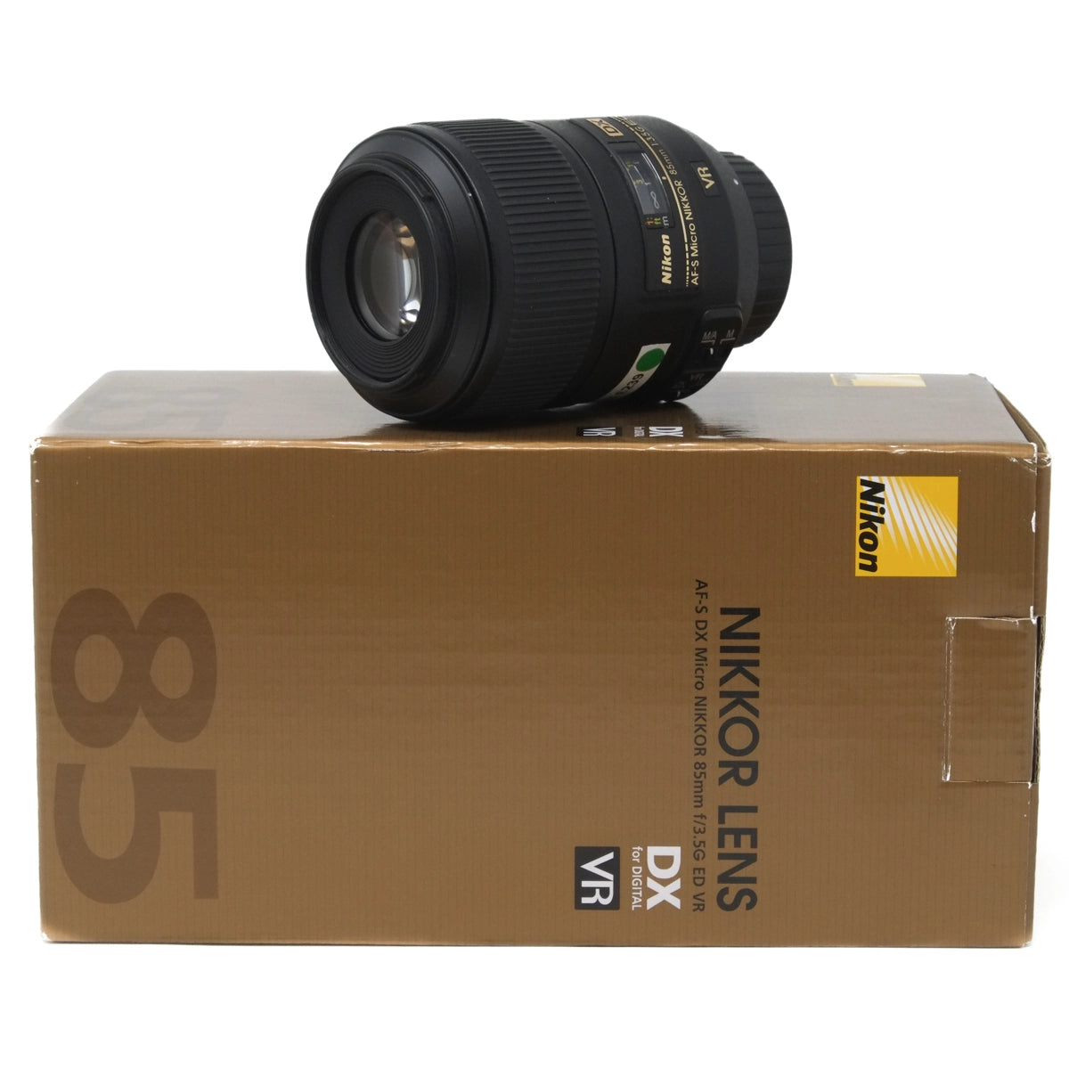 Used Nikon AF-S 85mm F3.5G Micro ED Lens - Side angle with original box 