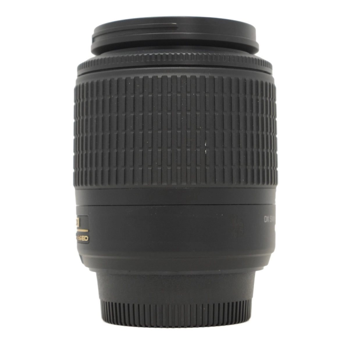 Black camera lens on a white background