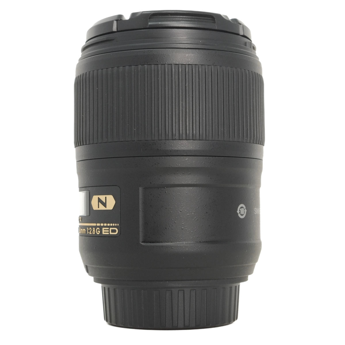 Black camera lens with visible branding on a white background