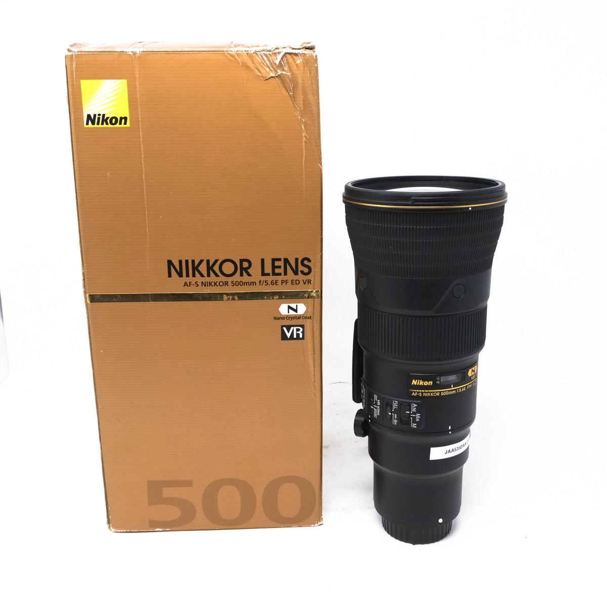 Used Nikon AF-S NIKKOR 500mm f/5.6E PF ED VR lens - Front angle with original box 