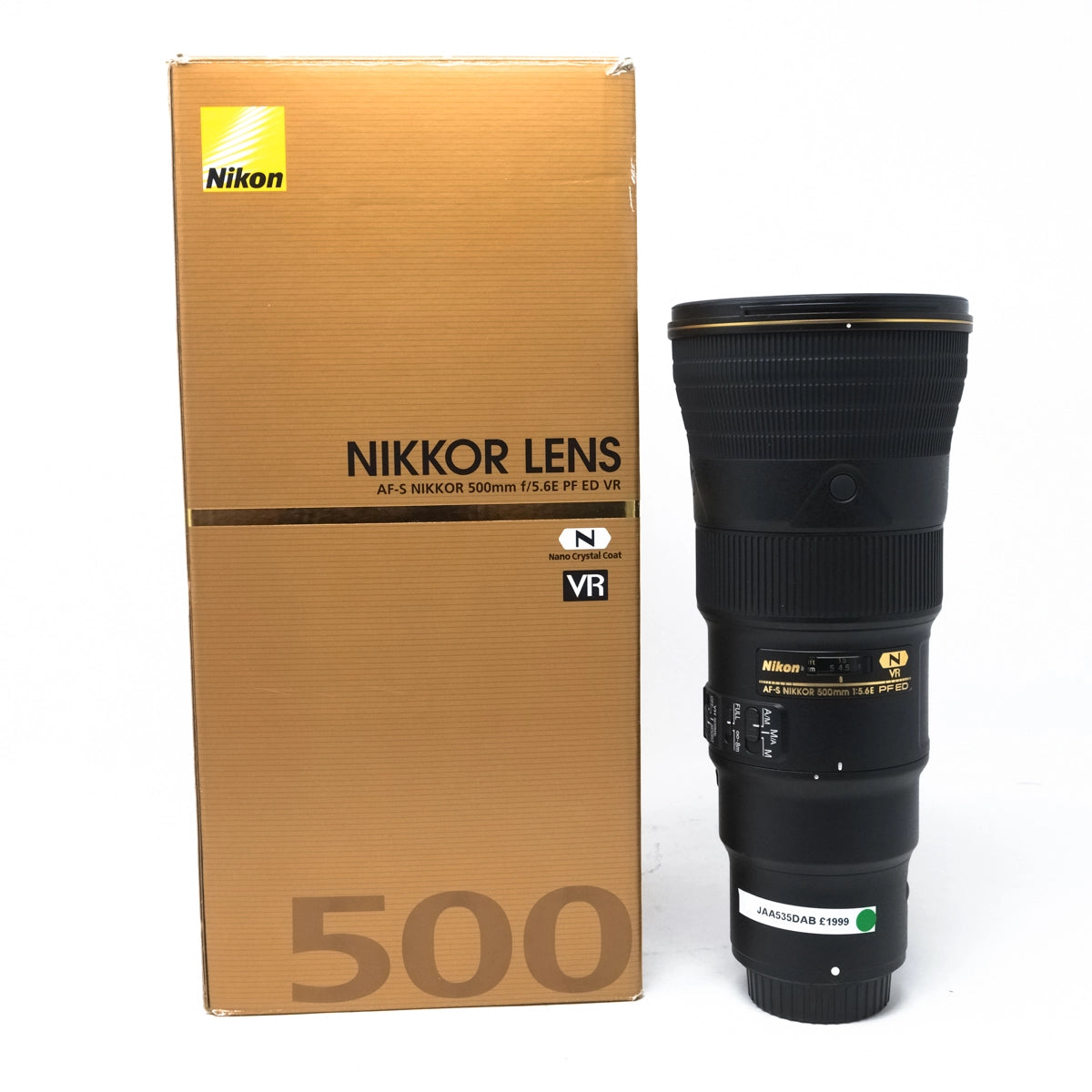 Used Nikon AF-S NIKKOR 500mm f/5.6E PF ED VR lens - Front angle with original box 