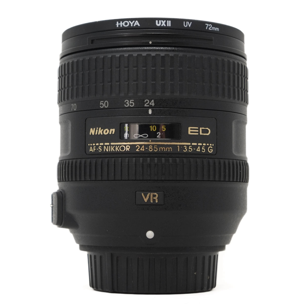 Camera lens with Hoya and Nikon branding on a white background