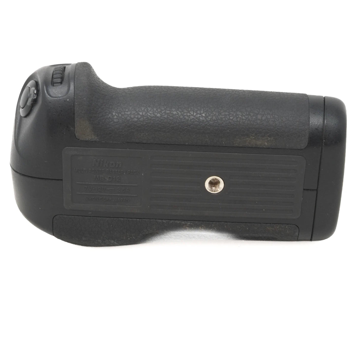 A black Nikon battery grip attachment for a DSLR camera, shown from the back against a white background.