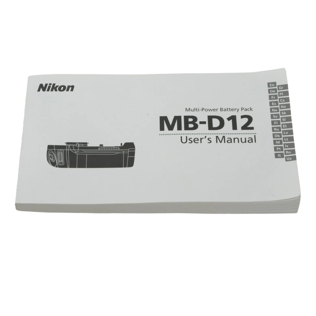 Nikon MB-D12 Multi-Power Battery Pack User's Manual booklet on a plain white background.