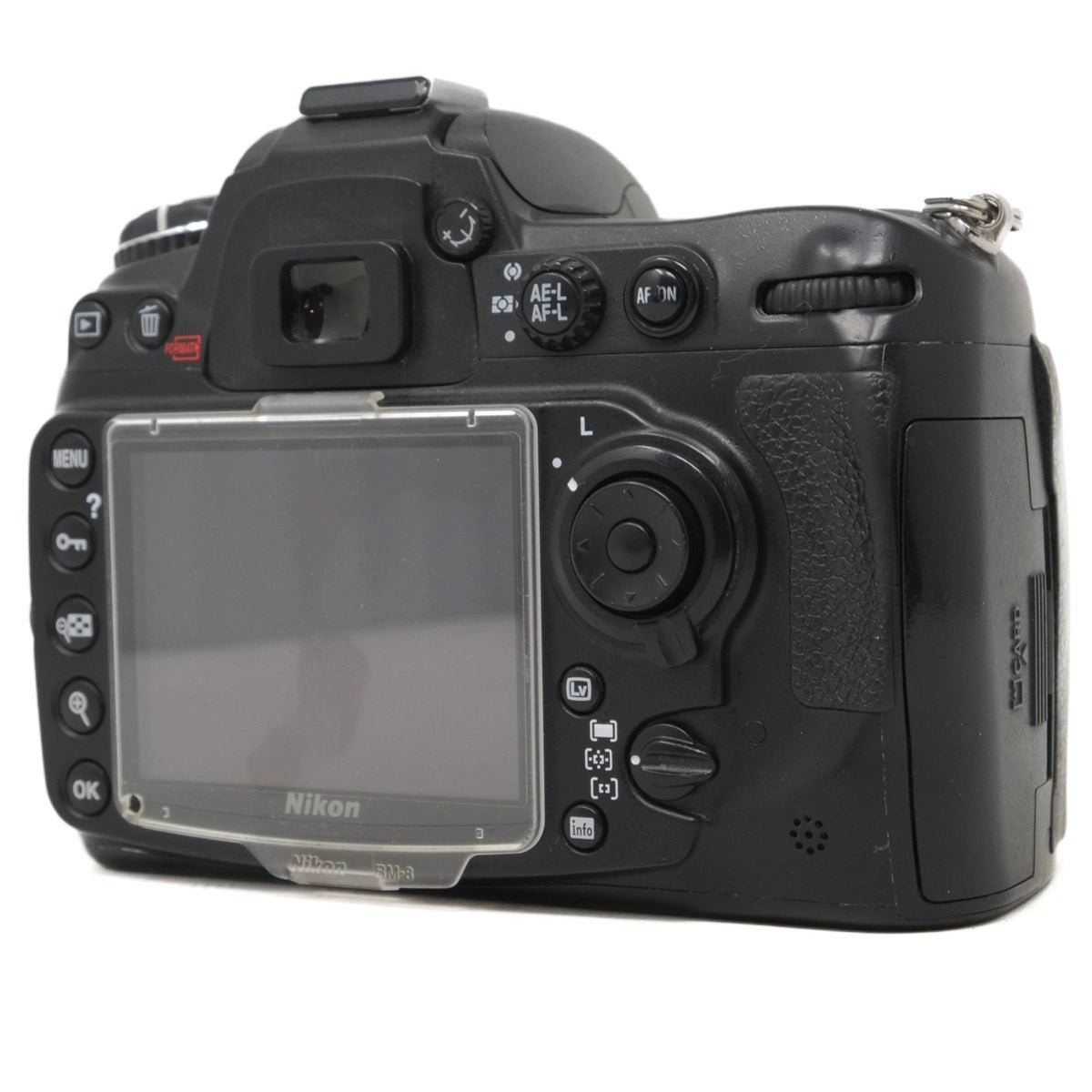Back view of a Nikon DSLR camera on a white background