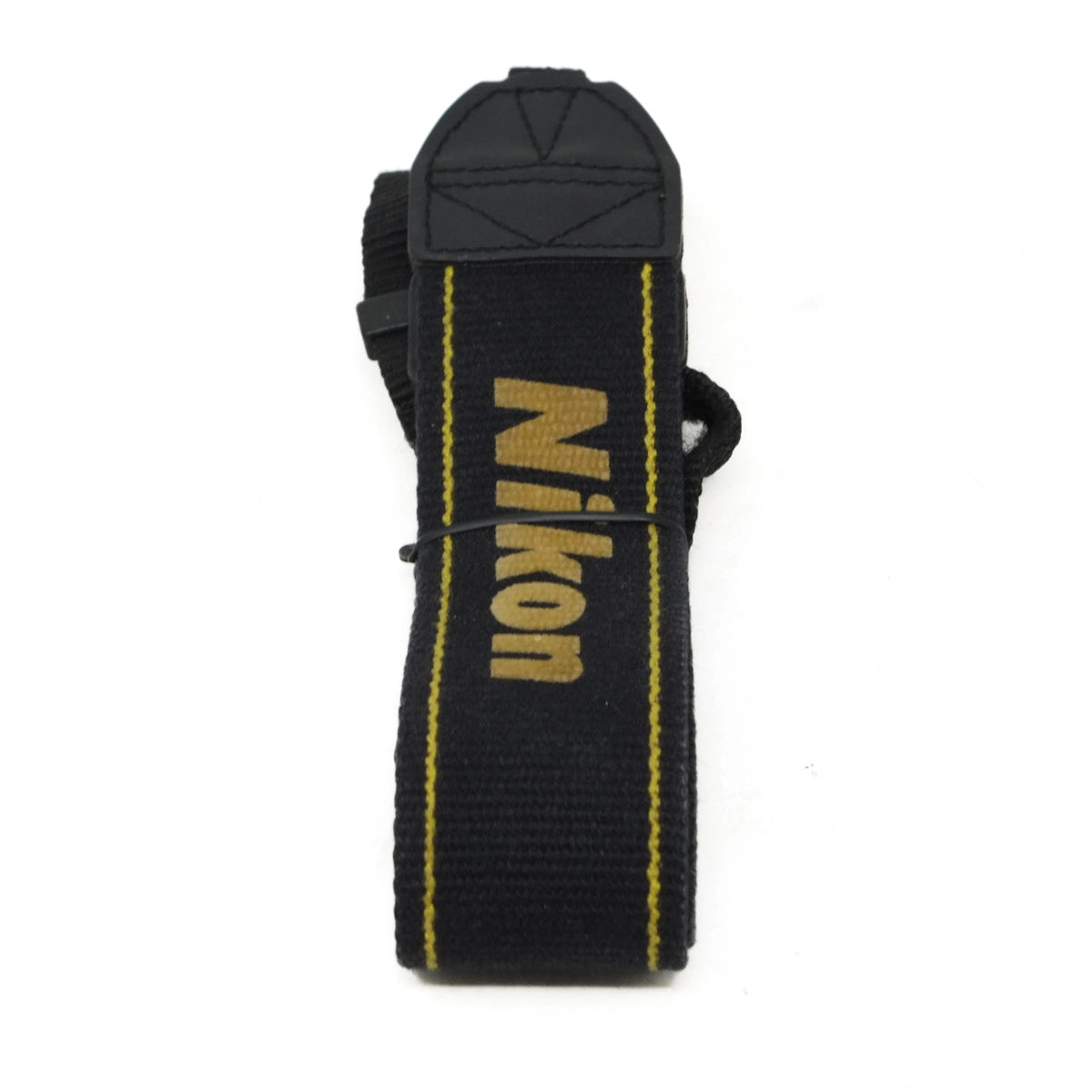 Black camera strap with 'Nikon' branding on a white background