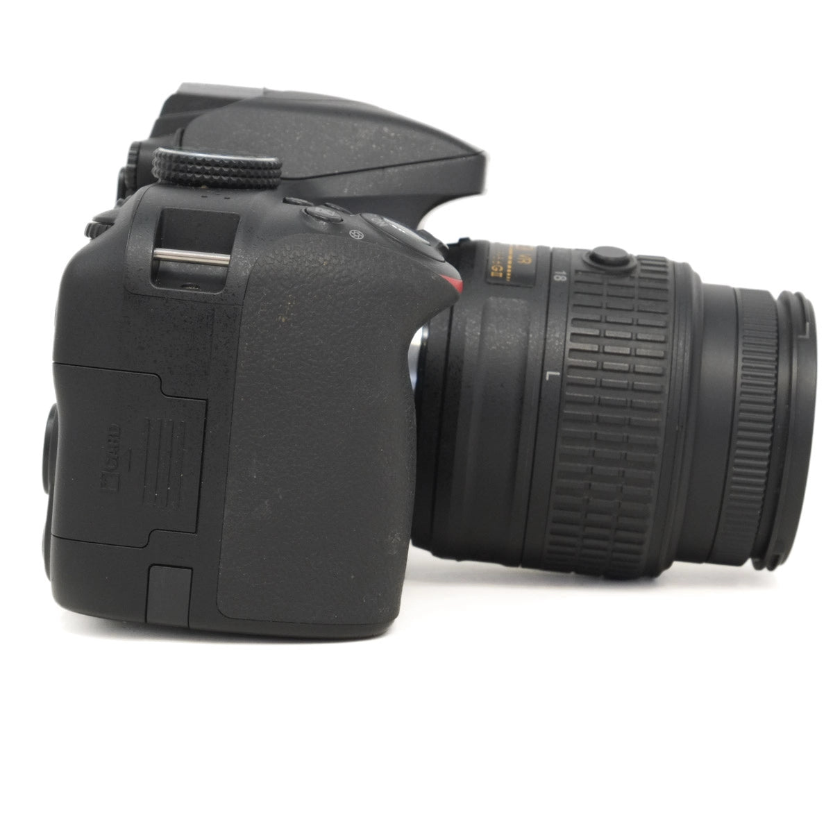 Black DSLR camera with lens on a white background