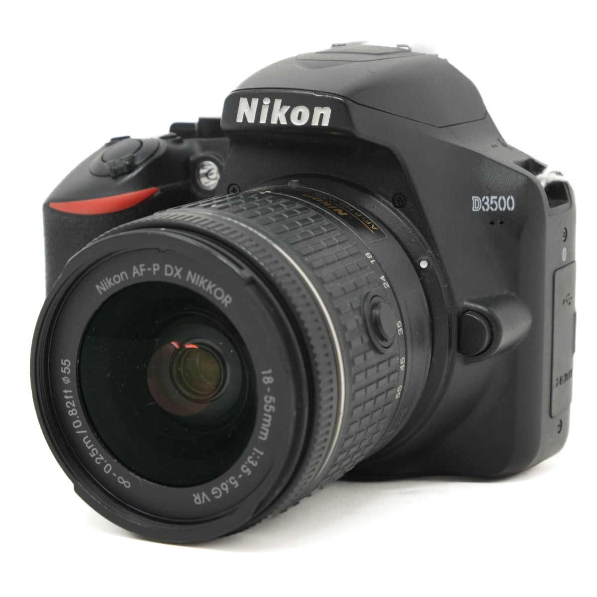 Used Nikon D3500 + 18-55mm F3.5-5.6G VR lens - front angle 