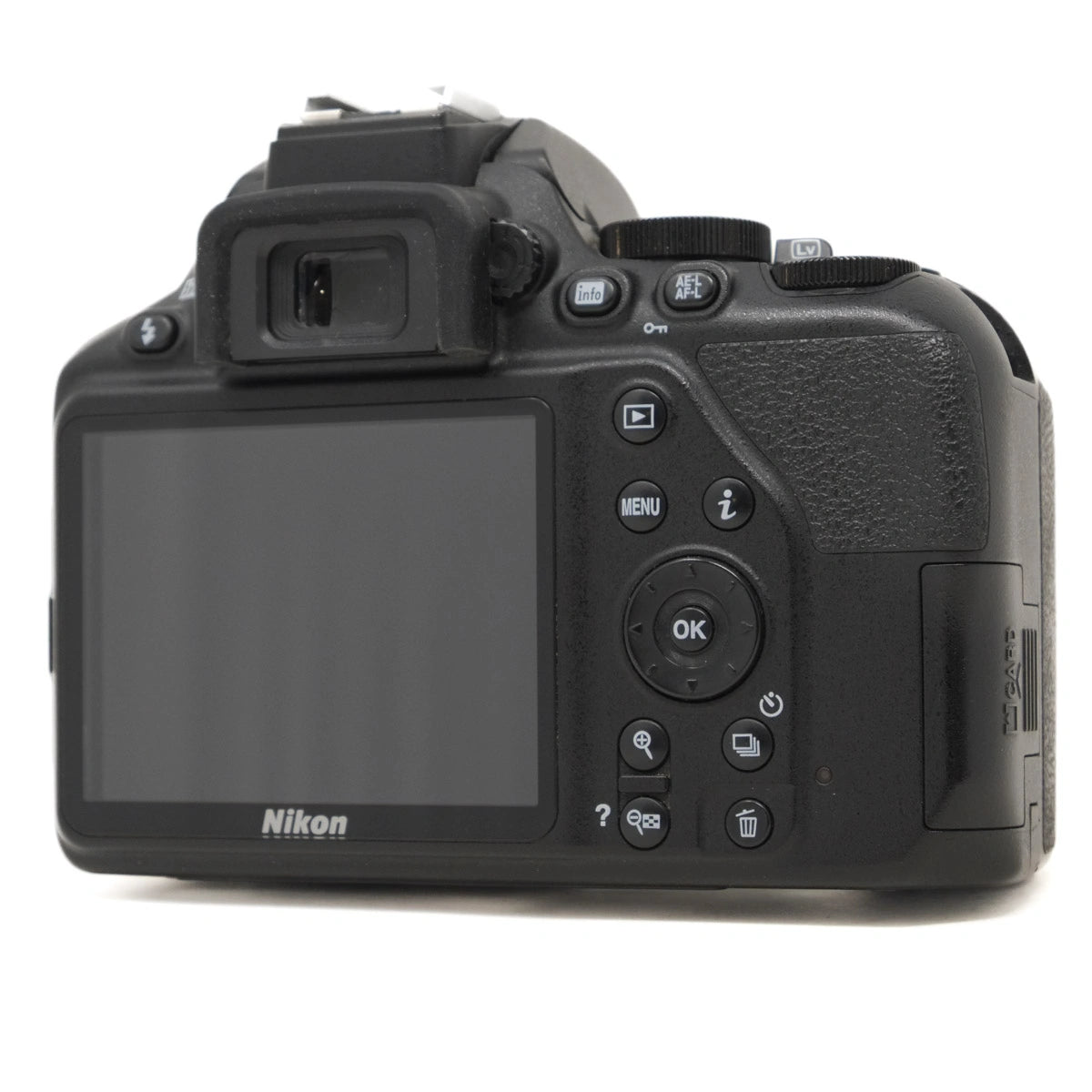 Back view of a Nikon camera on a white background