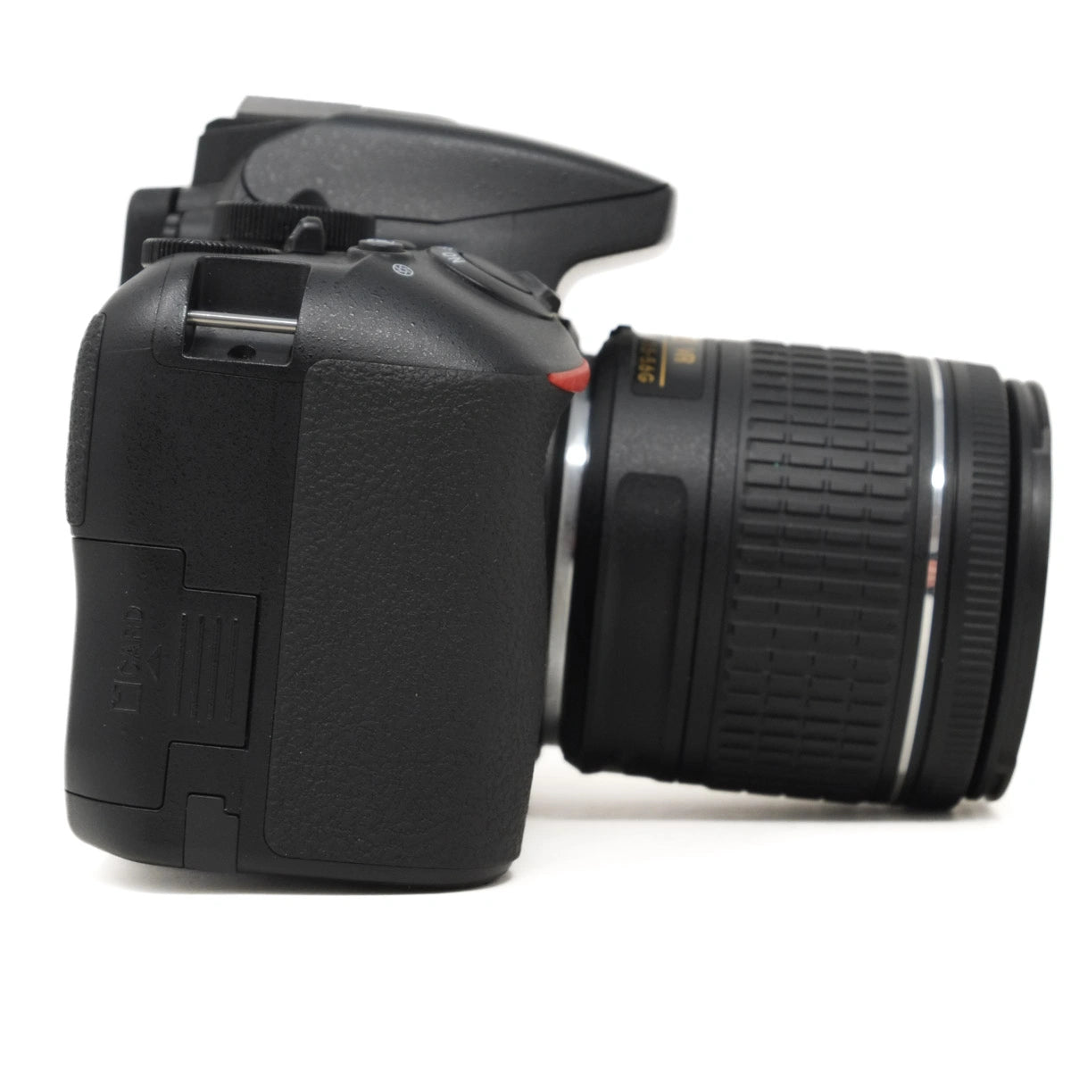 Black DSLR camera with lens on a white background