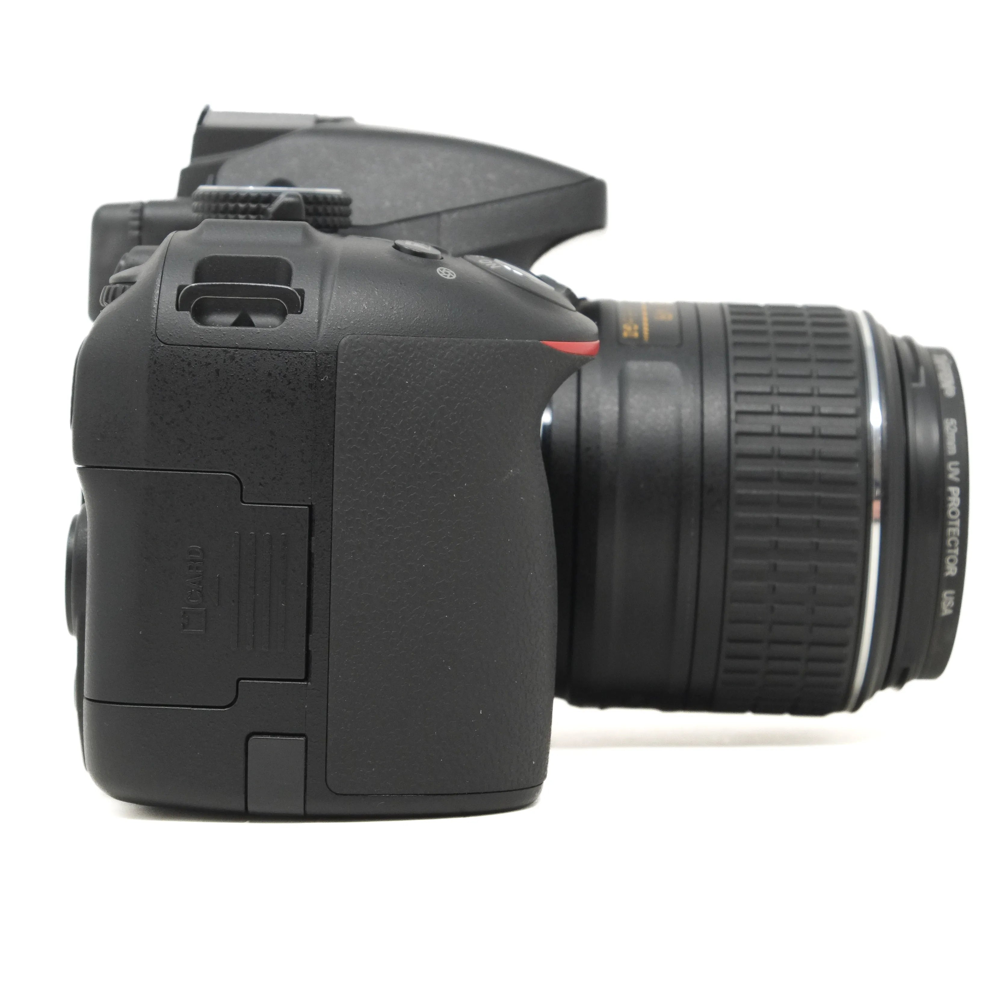 Black DSLR camera with lens on a white background