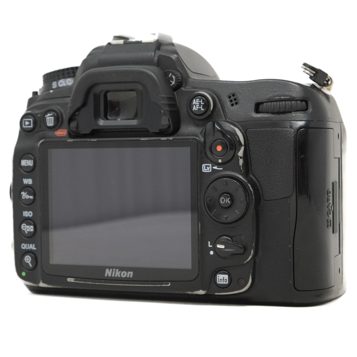 Nikon DSLR camera back view on a white background