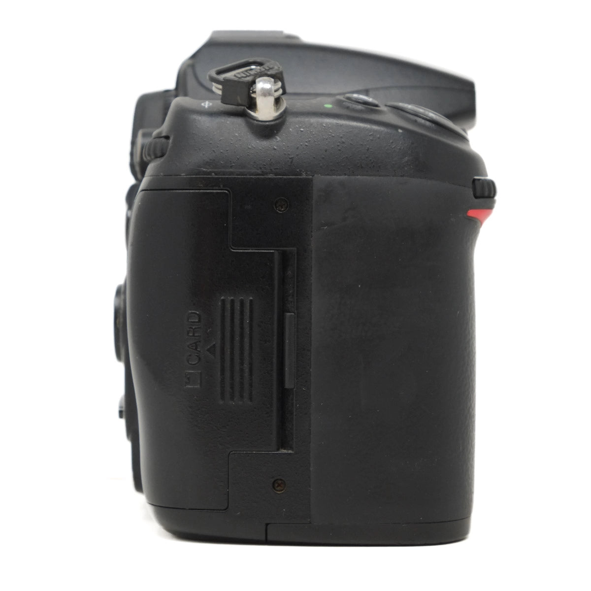 Black camera body on a white background