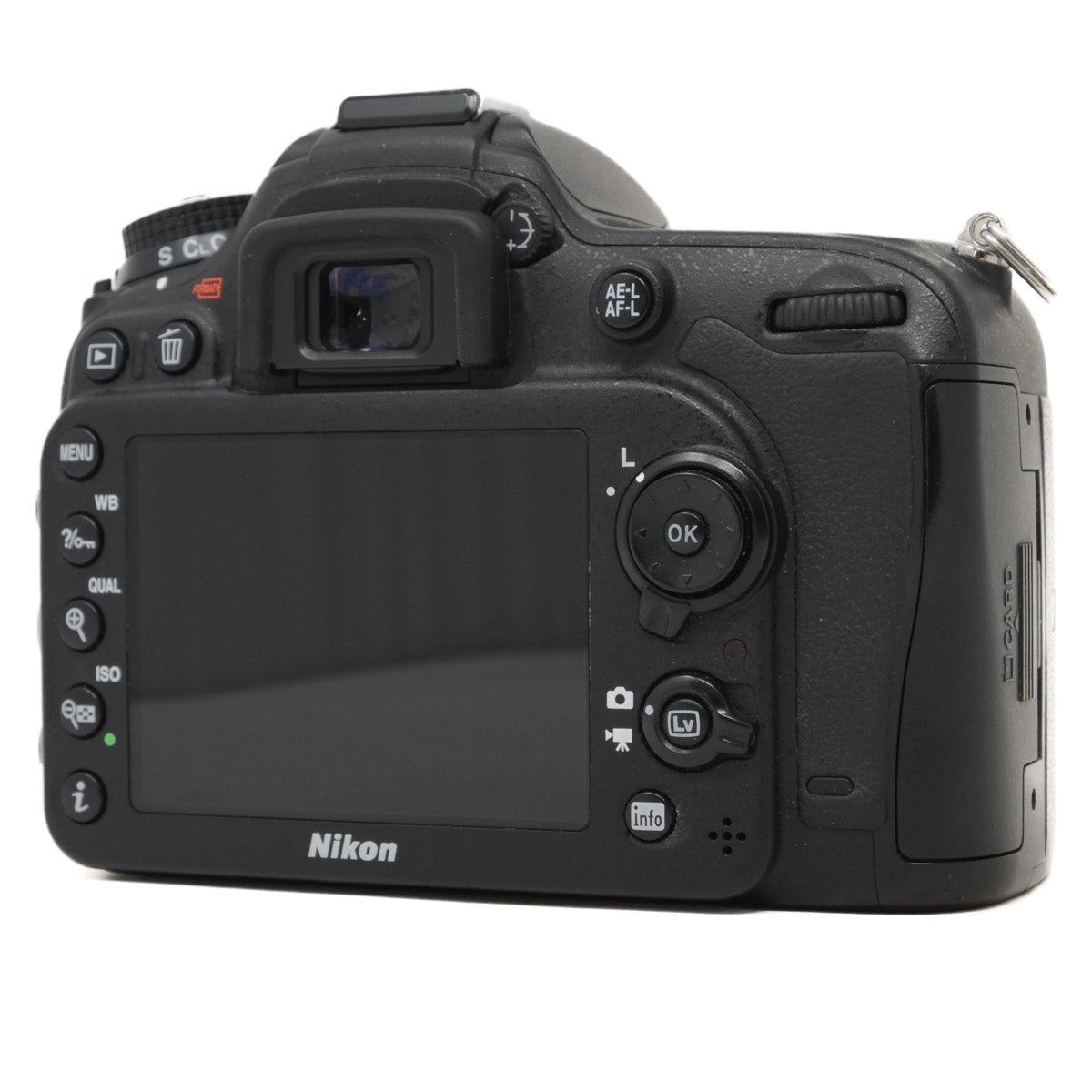 Back view of a Nikon camera on a white background