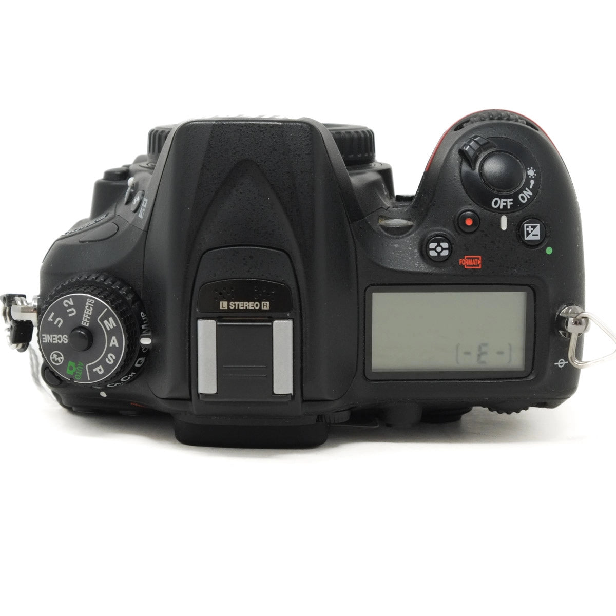 Black DSLR camera body on a white background