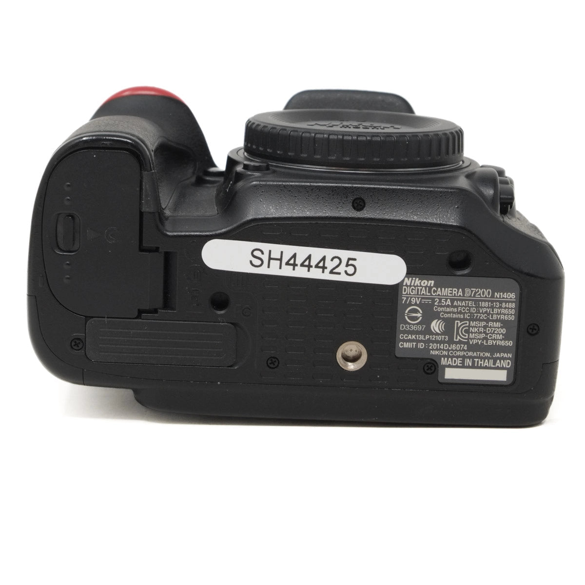 Bottom view of a Nikon camera body with model number SH44425 on a white background