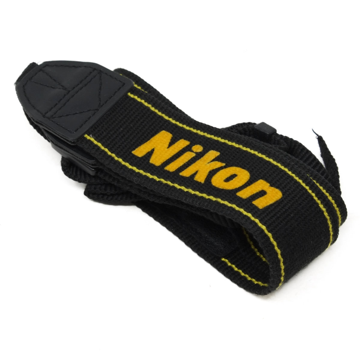 Black camera strap with 'Nikon' branding on a white background