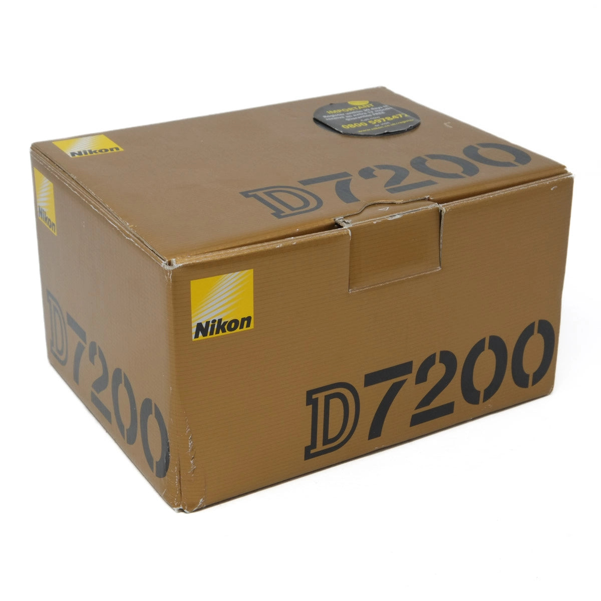 Cardboard box with Nikon D7200 branding on a white background