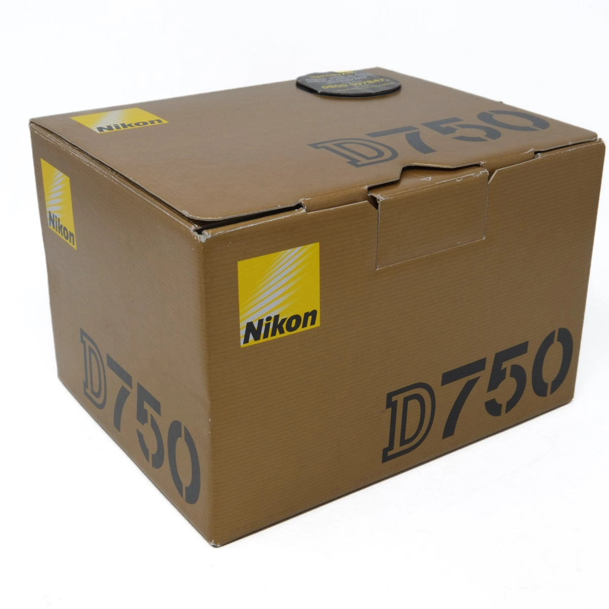 Cardboard box with Nikon D750 branding on a white background