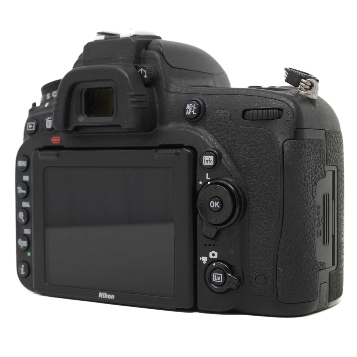 Back view of a Nikon DSLR camera on a white background