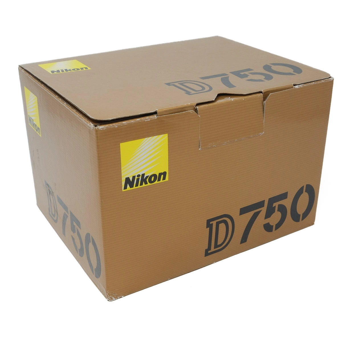 Cardboard box with Nikon D750 branding on a white background