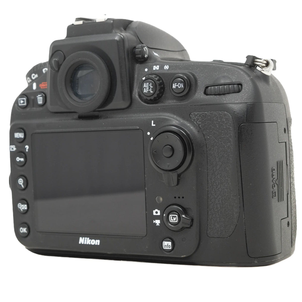 The back of a black Nikon DSLR camera, showing the rear LCD screen, mode dials, and control buttons on a solid white background.