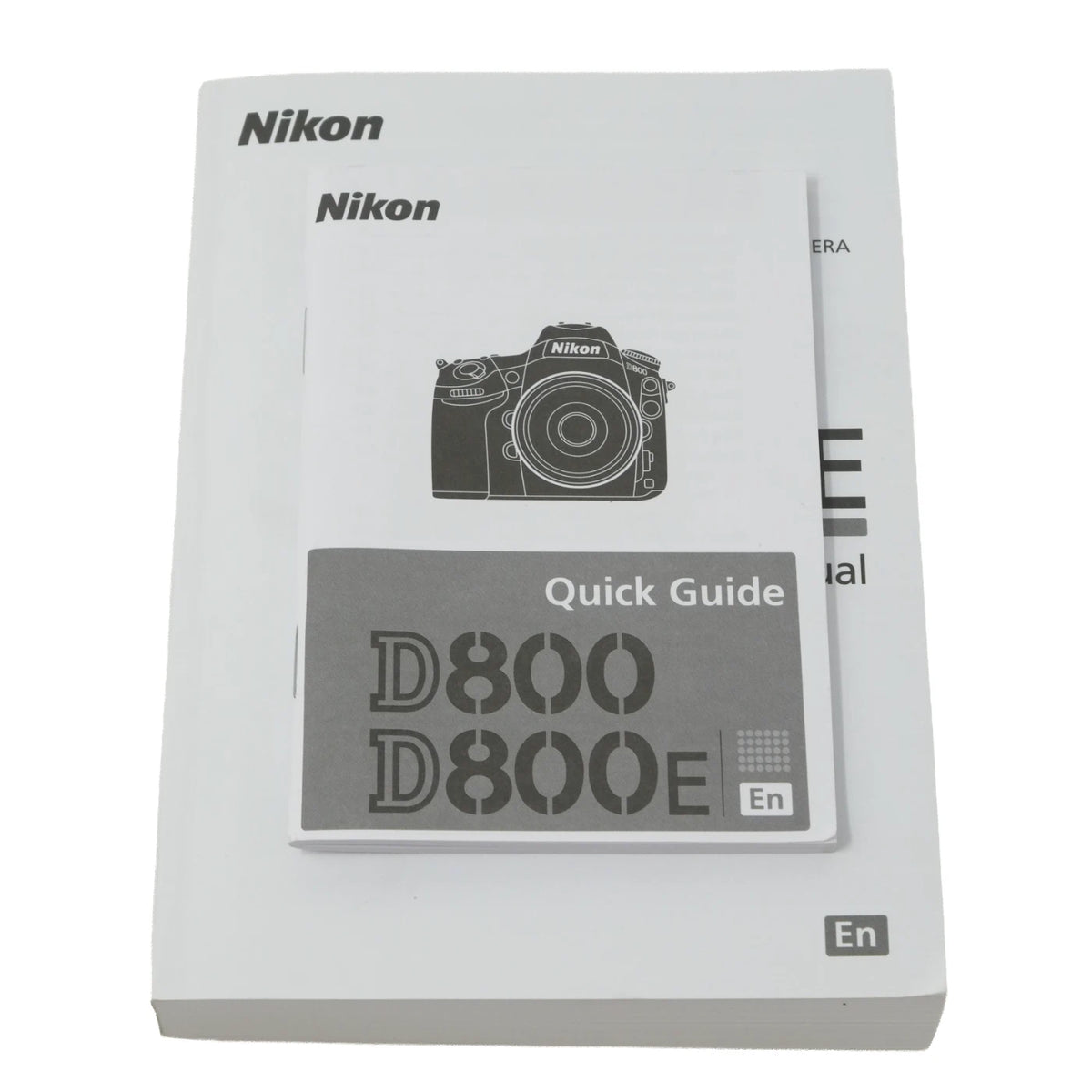 Nikon D800 and D800E camera quick guide manual book, showing the cover with a grayscale camera illustration and model names.