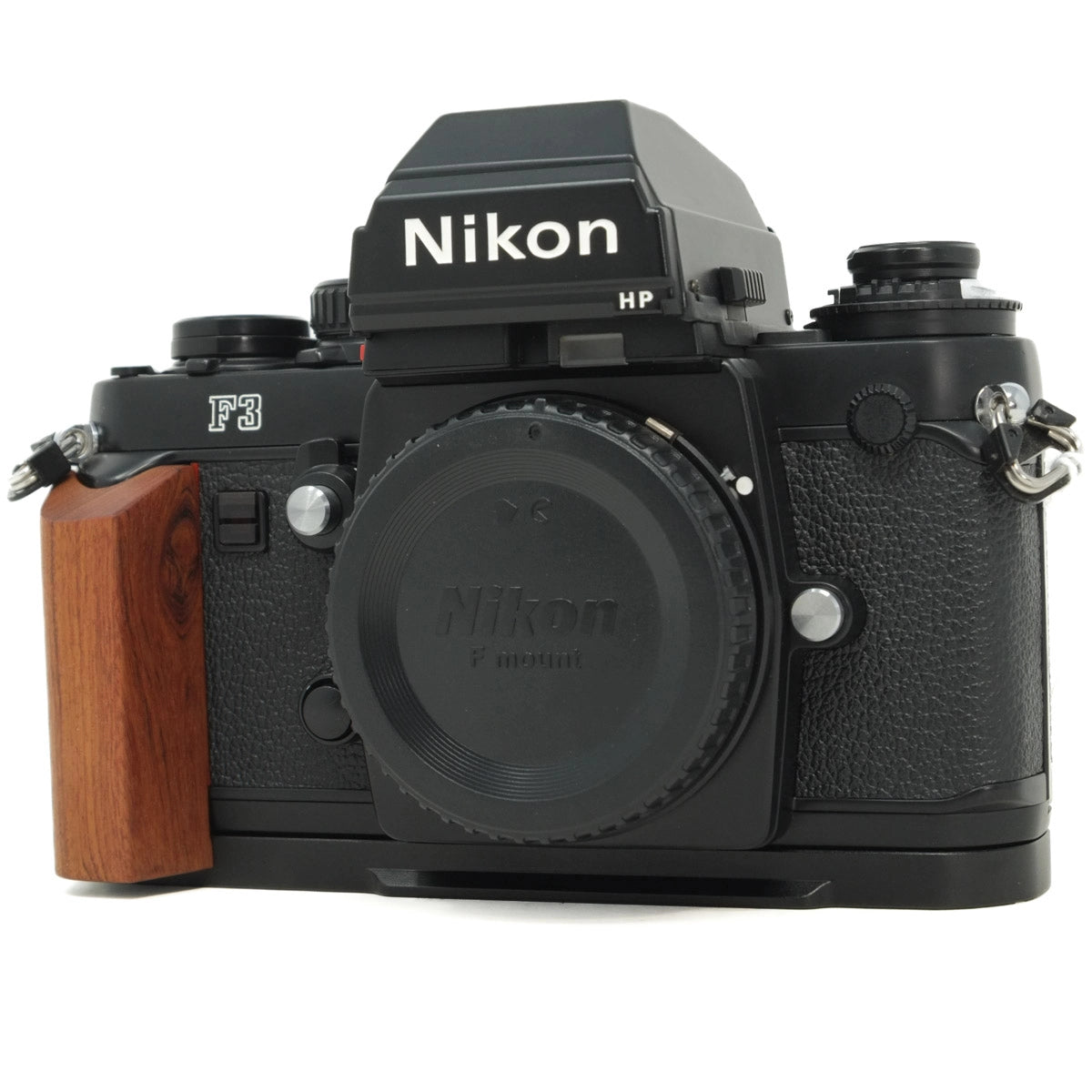 Nikon camera with wooden grip on a white background