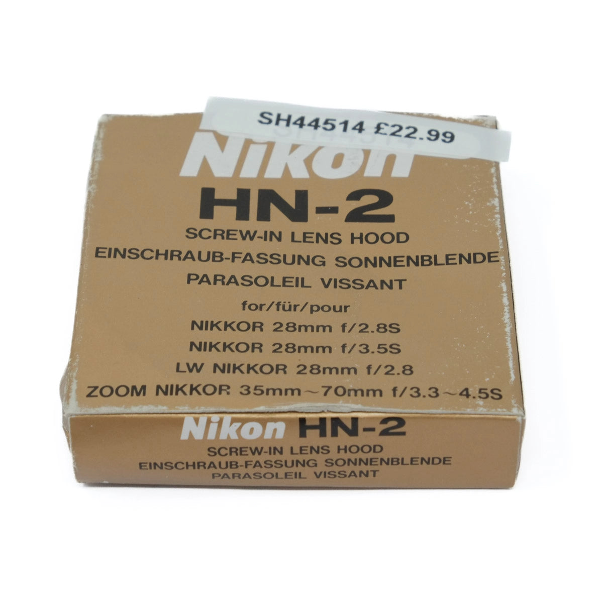 Nikon HN-2 screw-in lens hood packaging on a white background