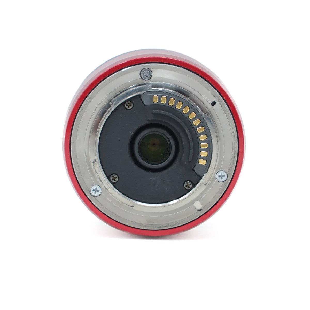 Camera lens with red and silver casing on a white background