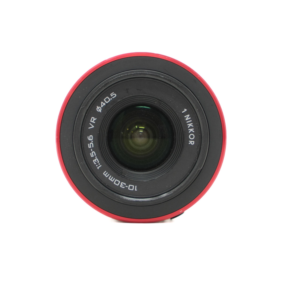 Camera lens with red and black design on a white background