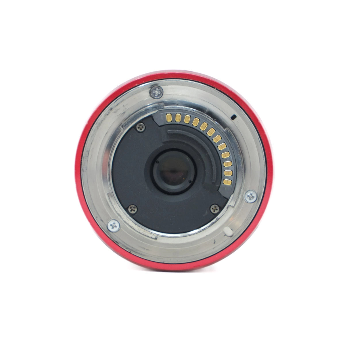 Camera lens with red rim on a white background
