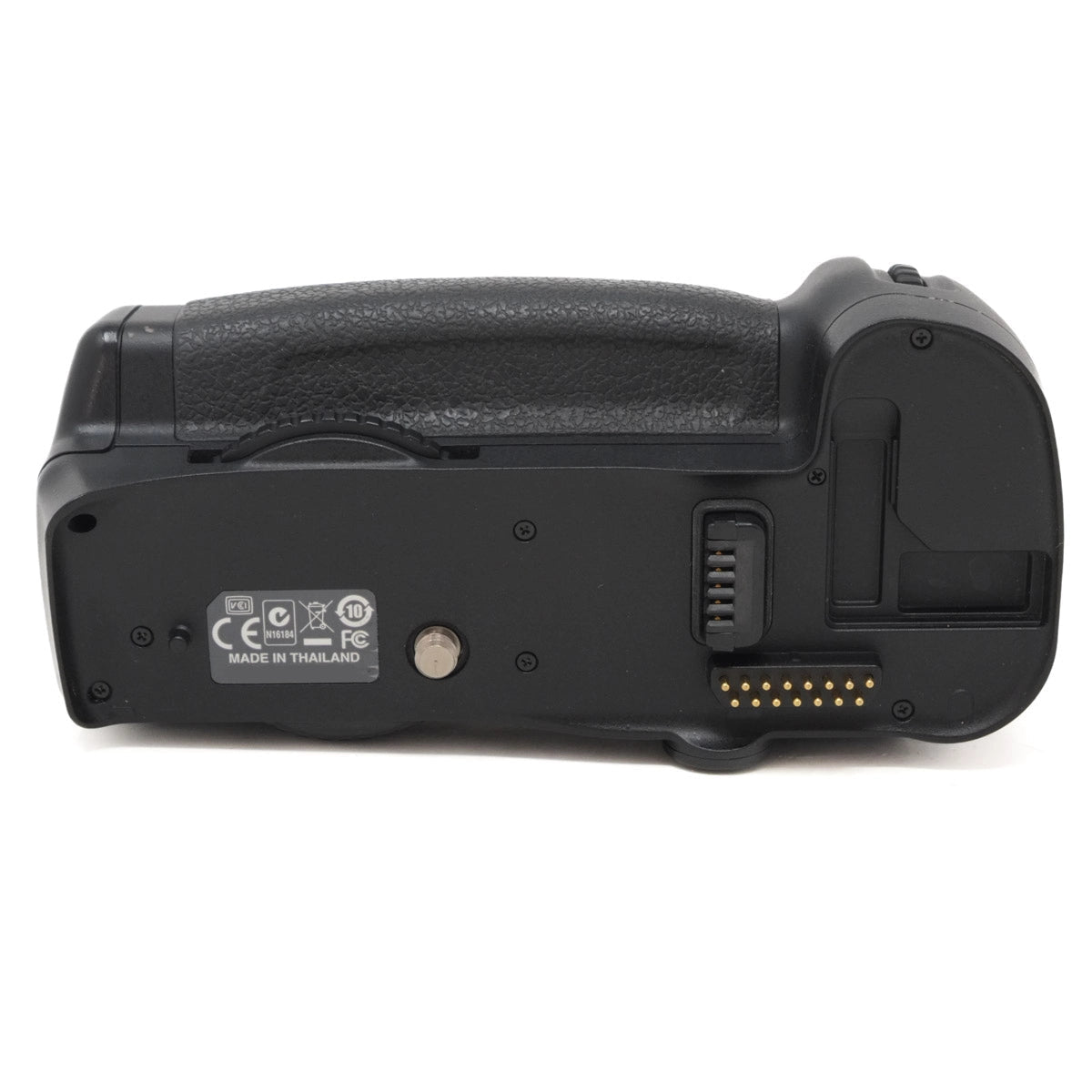 Black camera battery grip on a white background