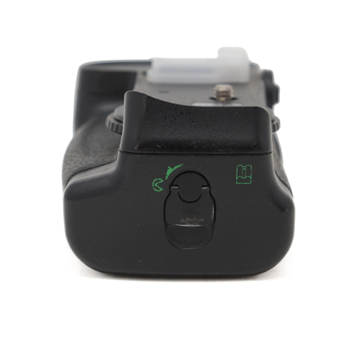 Black camera battery grip with control buttons on a white background