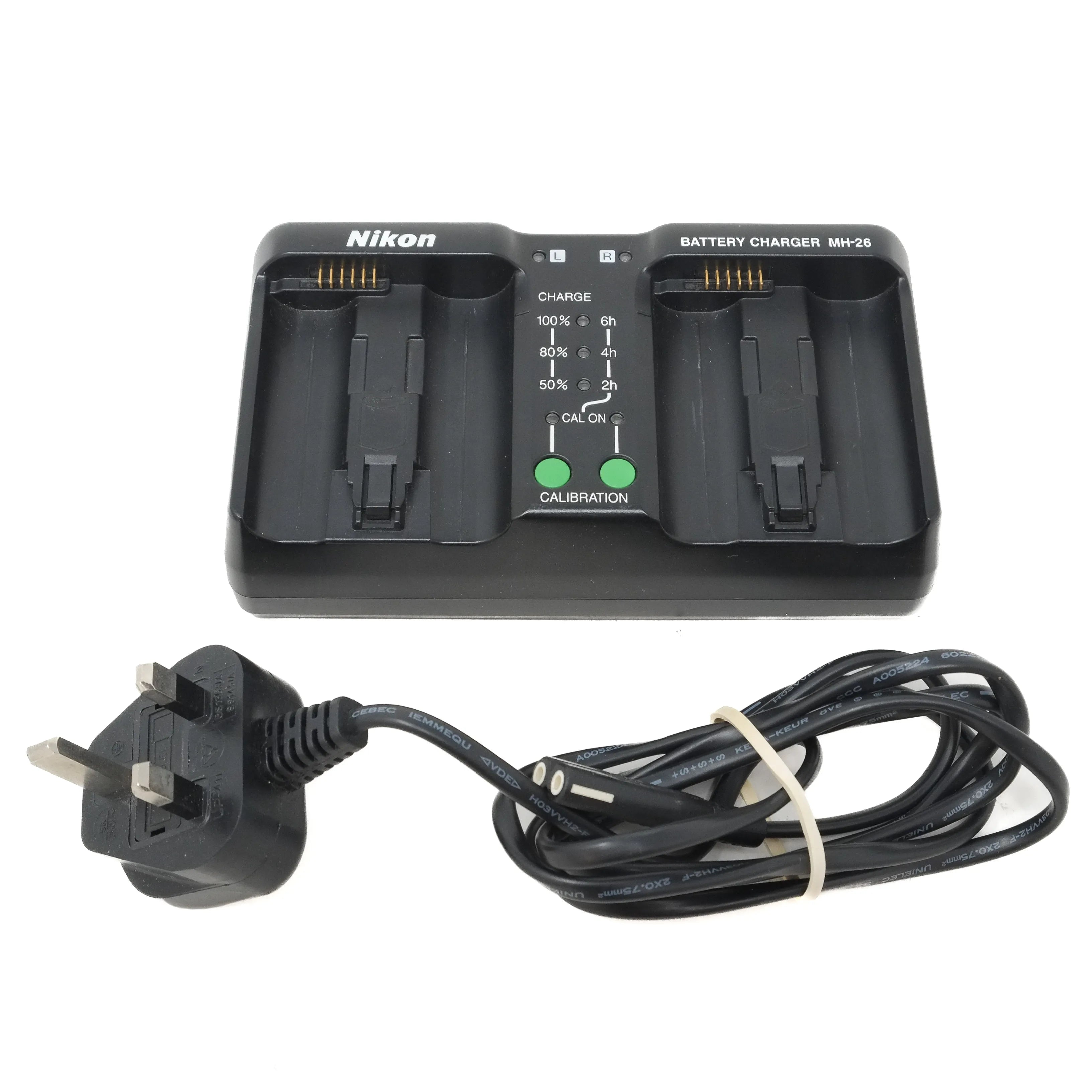Nikon battery charger with power cord on a white background