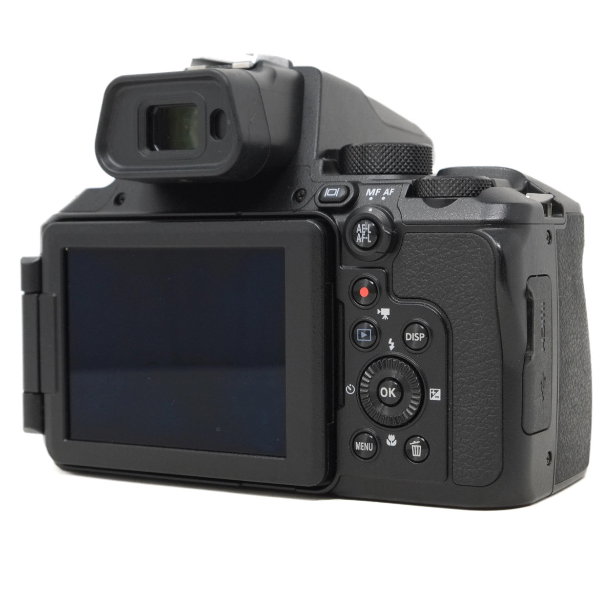 Black camera back with screen and control buttons on a white background