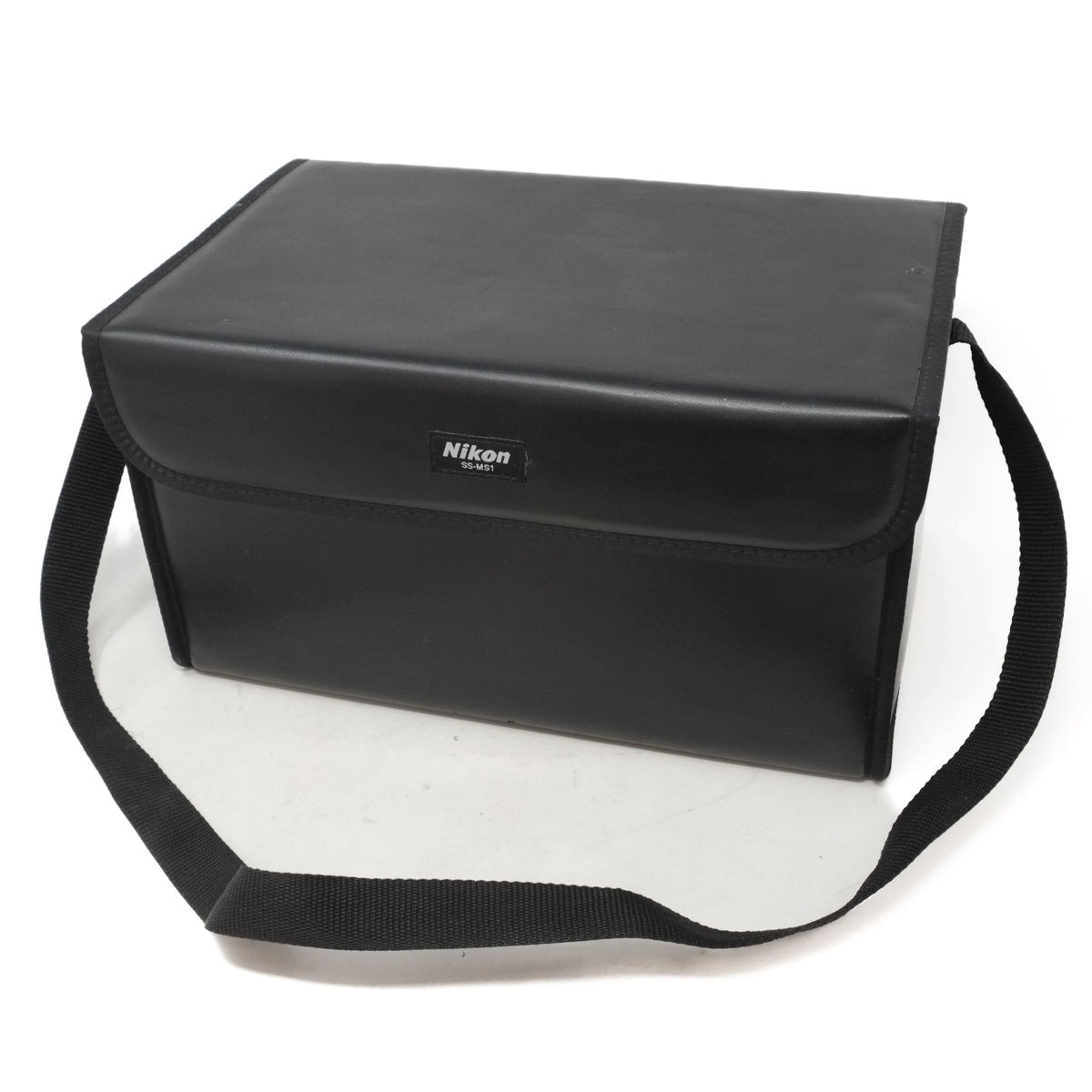 Black Nikon storage bag on a white background