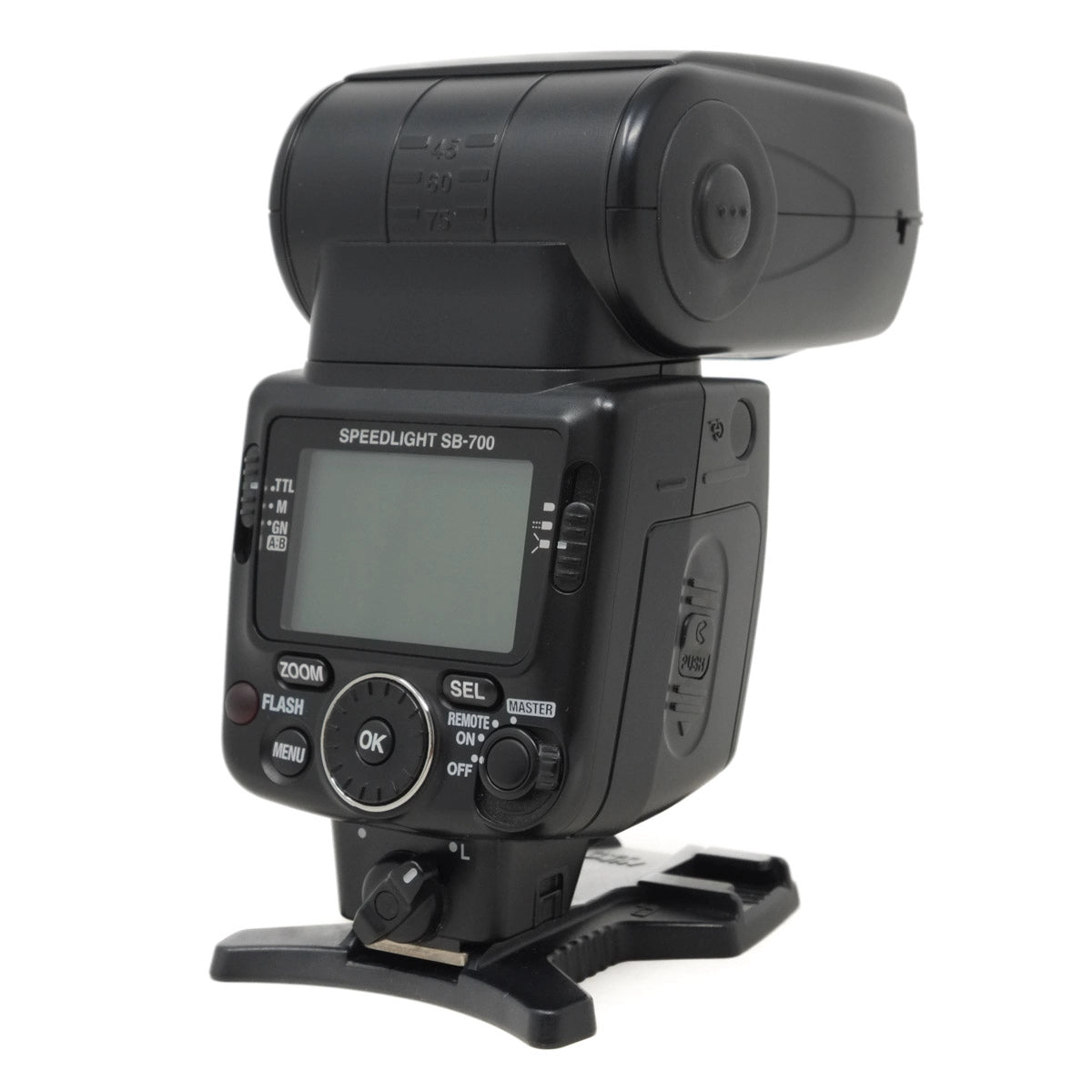 Black camera flash with digital display on a white background