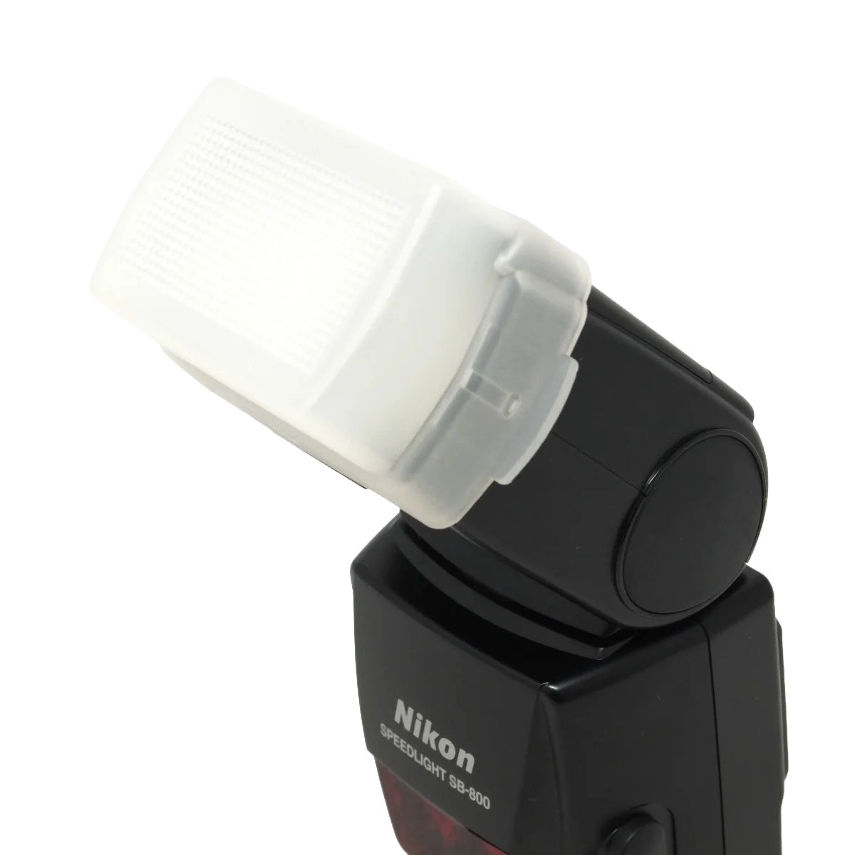 A close-up of a Nikon Speedlight SB-800 flash unit with a translucent white diffuser attached, shown against a plain white background.