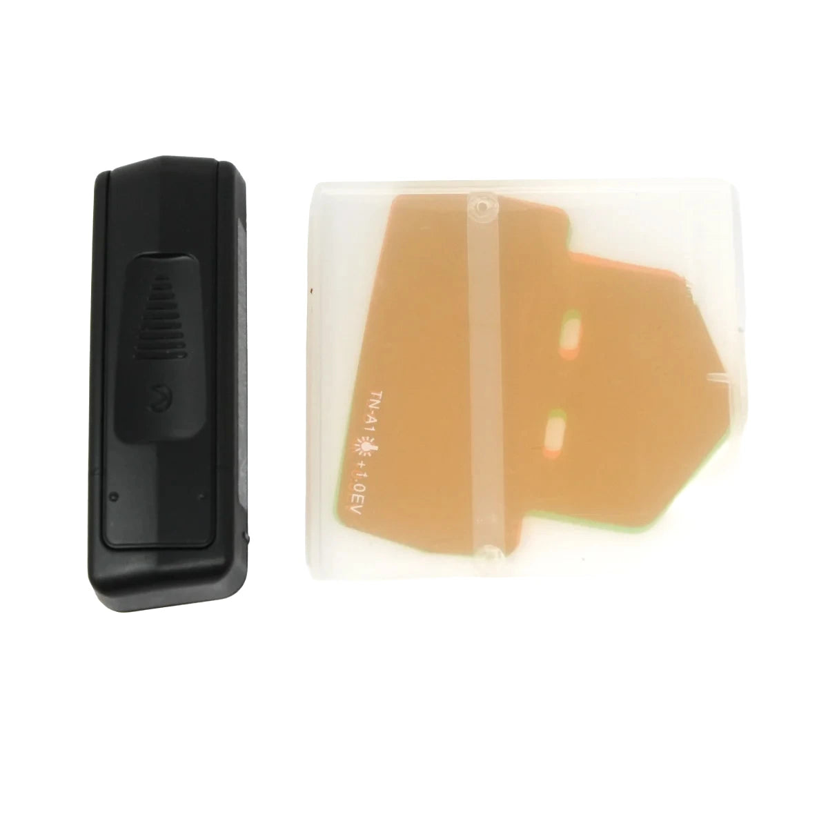 A black rectangular electronic module shown next to its clear plastic protective case containing an orange-brown printed circuit board component.