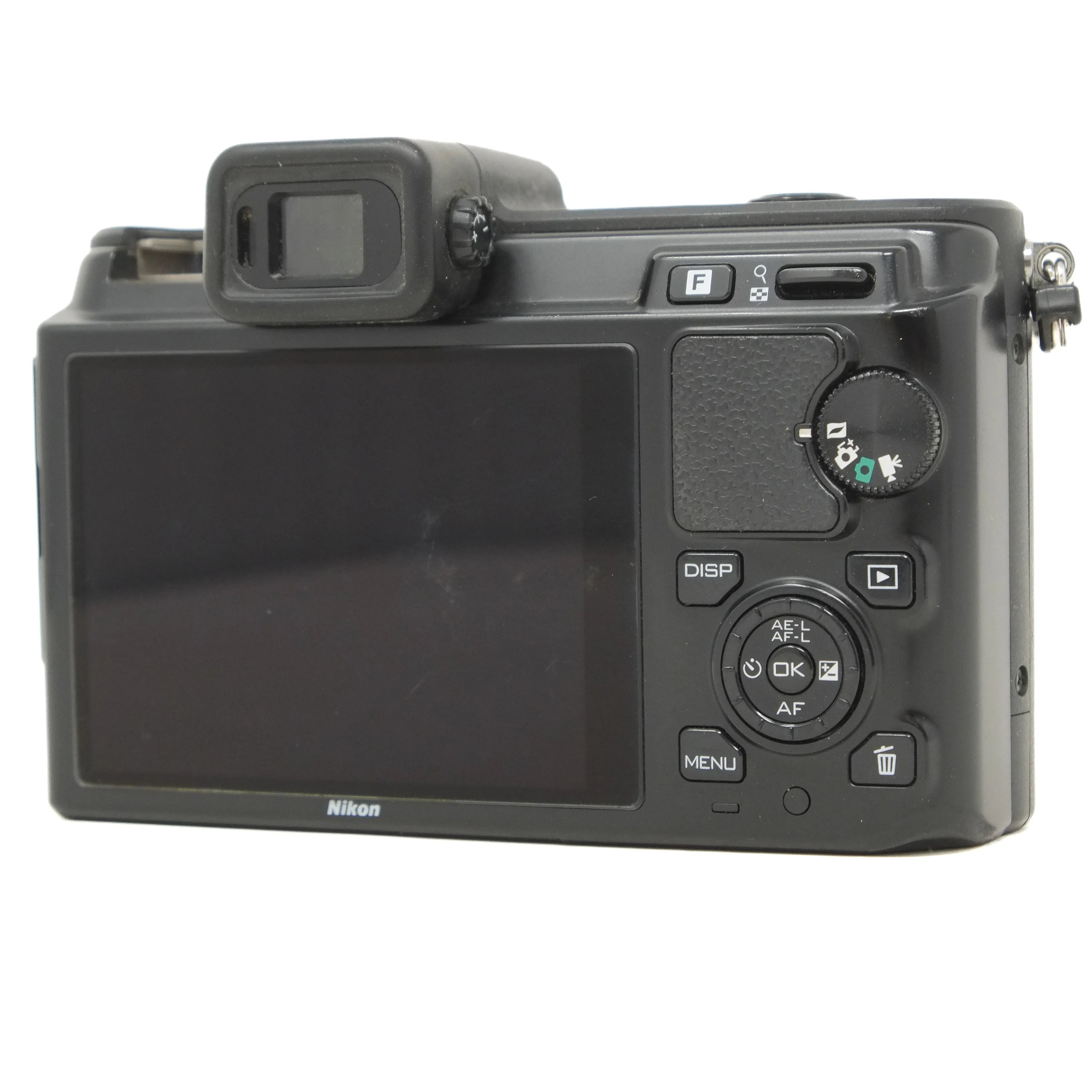 Back view of a black Nikon camera on a white background