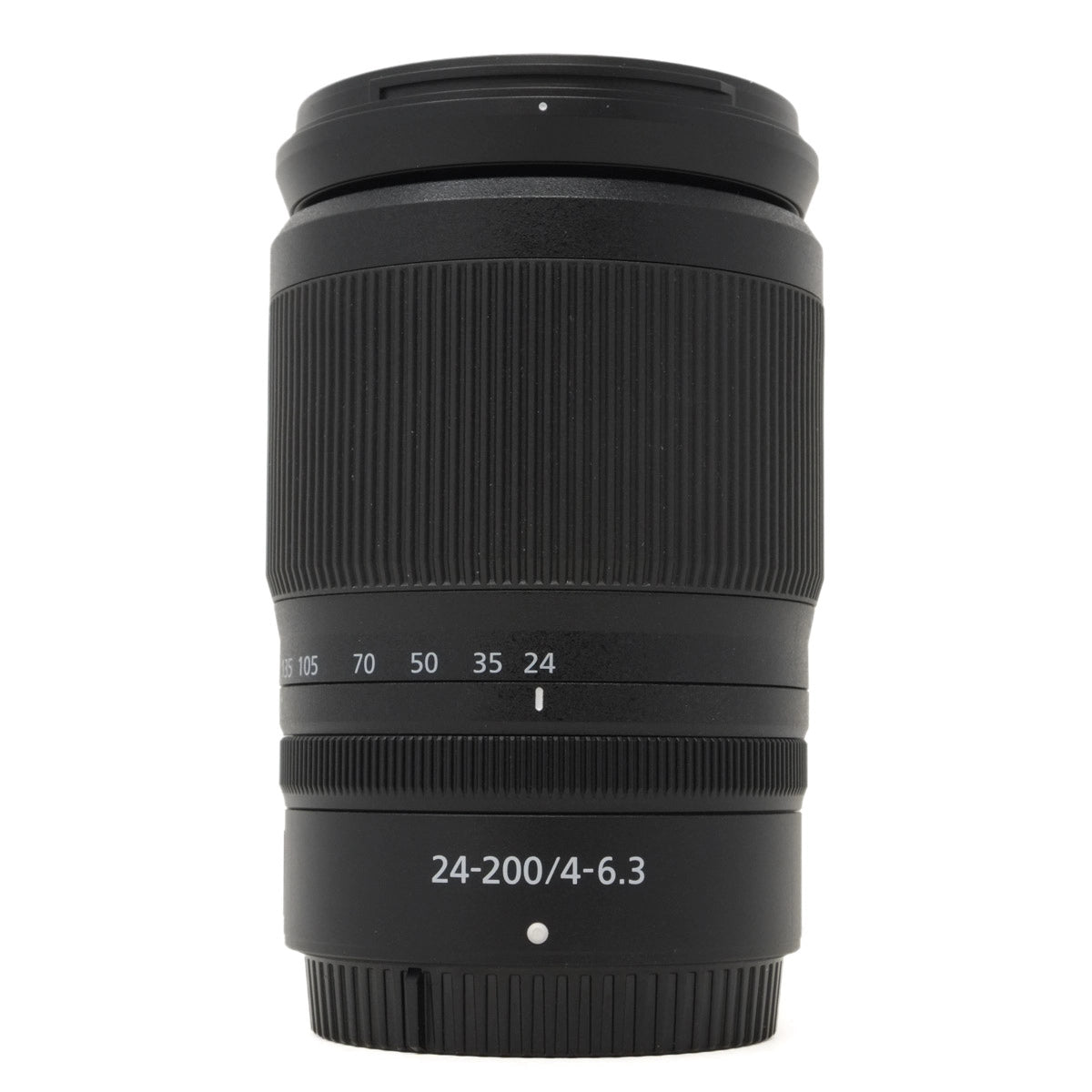 Camera lens with focus scale and specifications on a white background