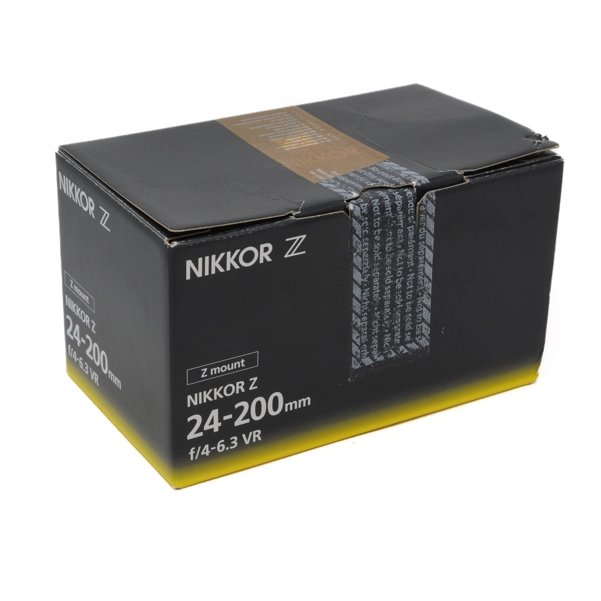 Nikkor Z camera lens packaging box on a white background