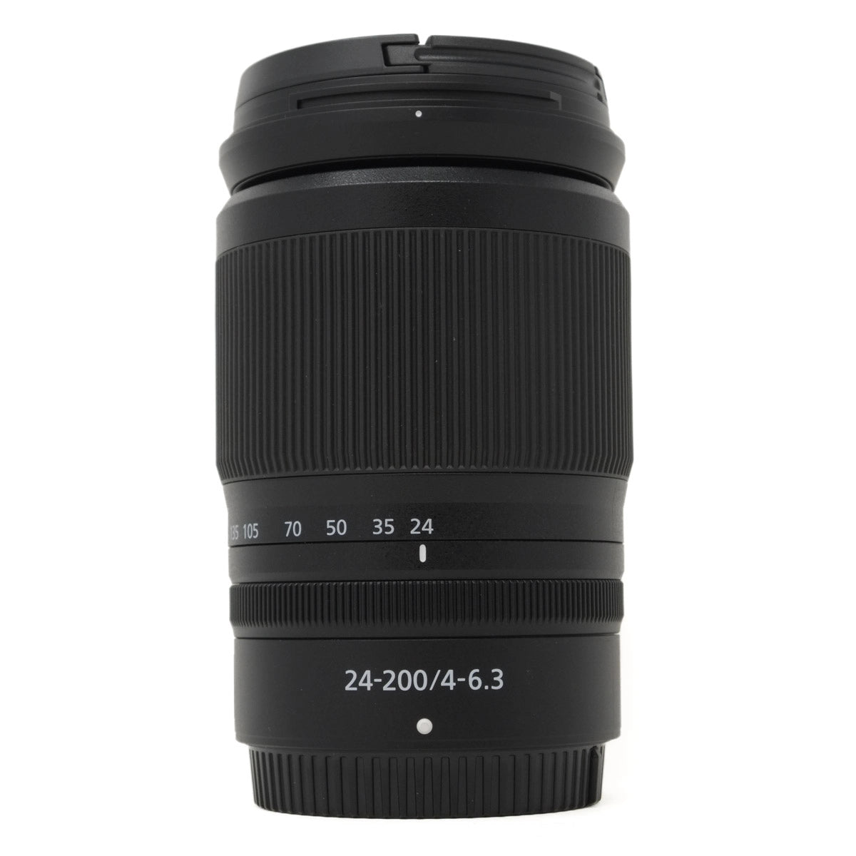 Camera lens with focus scale and specifications on a white background