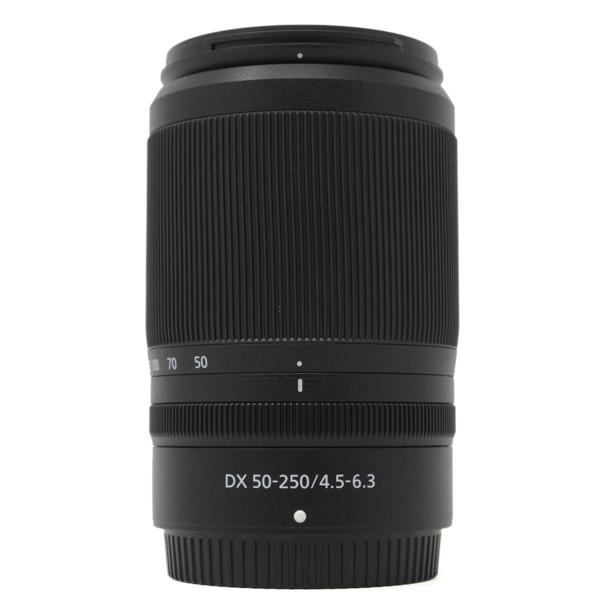 Black camera lens with specifications on a white background