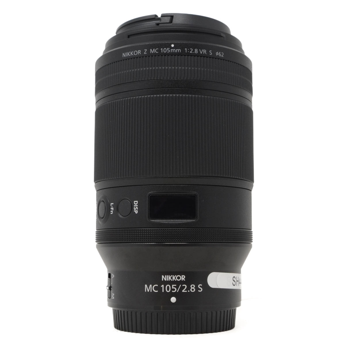 Black camera lens with 'Nikon' branding on a white background