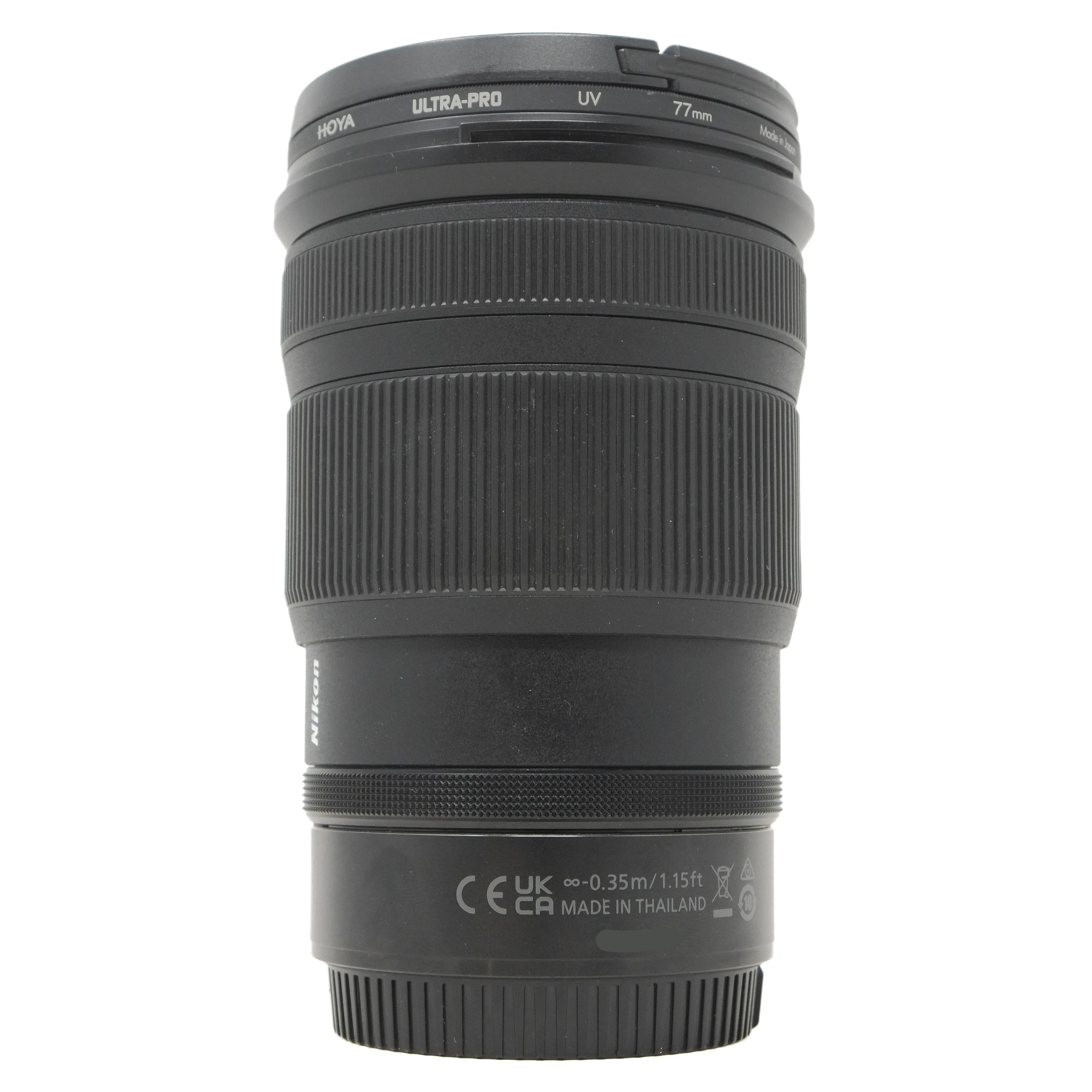 Camera lens with branding and specifications on a white background