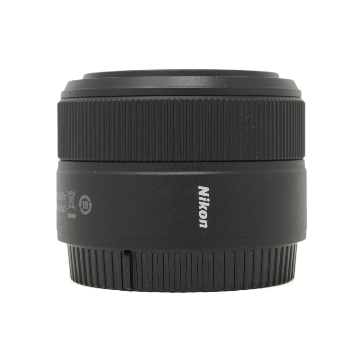 Black Nikon camera lens on a white background