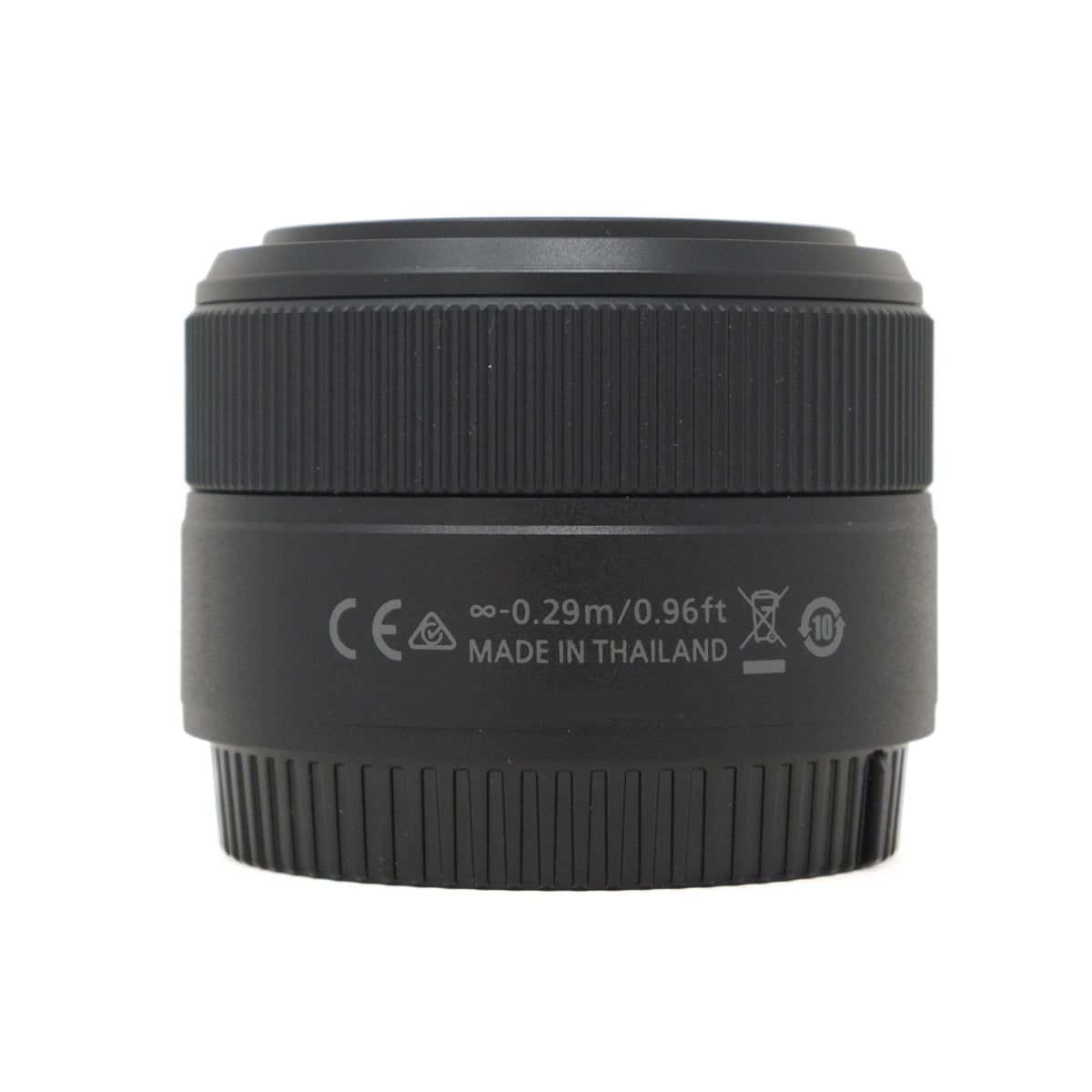 Black camera lens with text on a white background