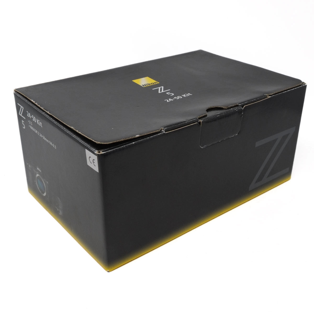 Black camera lens box with brand logo on a white background